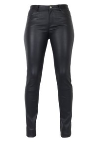 Svarta fusk läder skinny byxor med femficksdesign, åtsittande siluett, slät textur och metalldknappstängning i midjan.