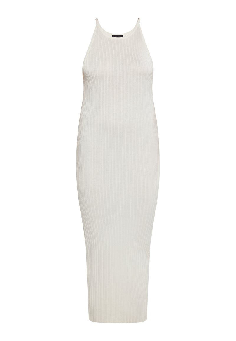 Ribbed, kevyt midi-mekko pehmeässä valkoisessa värissä. Sisältää ohuet hihnat ja muotoiltua siluettia, joka korostaa vartalon muotoa.