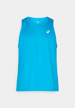 Blaues, ärmelloses Sporttanktop mit rundem Ausschnitt, leichtem Stoff und kleinem weißem Logo auf der oberen linken Seite.