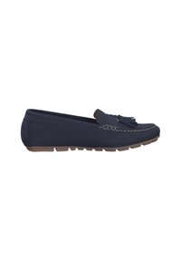 Navyblaue Lederloafers mit strukturierter Oberfläche, ausgestattet mit einem kleinen Quast-Akzent und kontrastierendem Nähen auf dem Obermaterial. Flexibler Gummisohle.