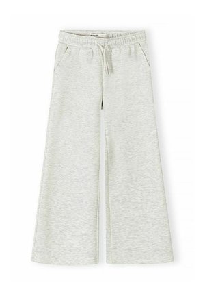Pantalon de survêtement gris clair à jambes larges avec une taille élastique, un cordon de serrage et des poches latérales, posé à plat sur un fond blanc.