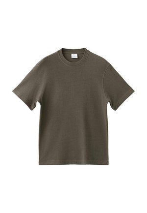 Olivengrønt kortærmet t-shirt lavet af blød bomuld. Har rund hals, lige skæring og tekstureret overflade. Ingen synlige mønstre eller detaljer.