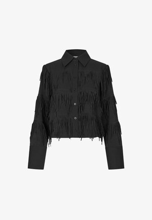 Giacca cropped nera con bottoni, arricchita da lunghe frange su petto, maniche e torso, dotata di ampi polsini e colletto classico.