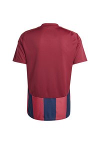 Bordeauxfarbenes und marineblaues Sporttrikot mit kurzen Ärmeln, ausgestattet mit horizontalen Streifen am unteren Rand und einem Rundhalsausschnitt. Glattes, synthetisches Material.