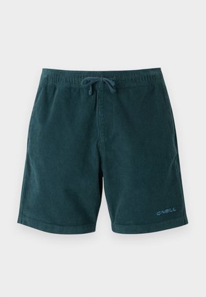 Dark teal corduroy swim shorts with an elastic waistband and drawstring. Features logo on the lower right leg. Smooth texture, knee-length design.