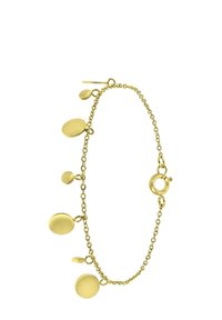 Gouden armband met een schakelkettinkje dat vijf cirkelvormige bedels van verschillende grootte bevat, een gladde oppervlakte en een stevige karabijnhaak.