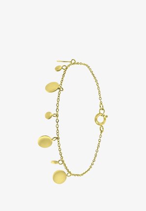 Gouden armband met een schakelkettinkje dat vijf cirkelvormige bedels van verschillende grootte bevat, een gladde oppervlakte en een stevige karabijnhaak.