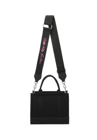 Borsa nera in tela con tracolla staccabile, con testo 'Hello Kitty' rosa, doppi manici superiori e un design rettangolare semplice.