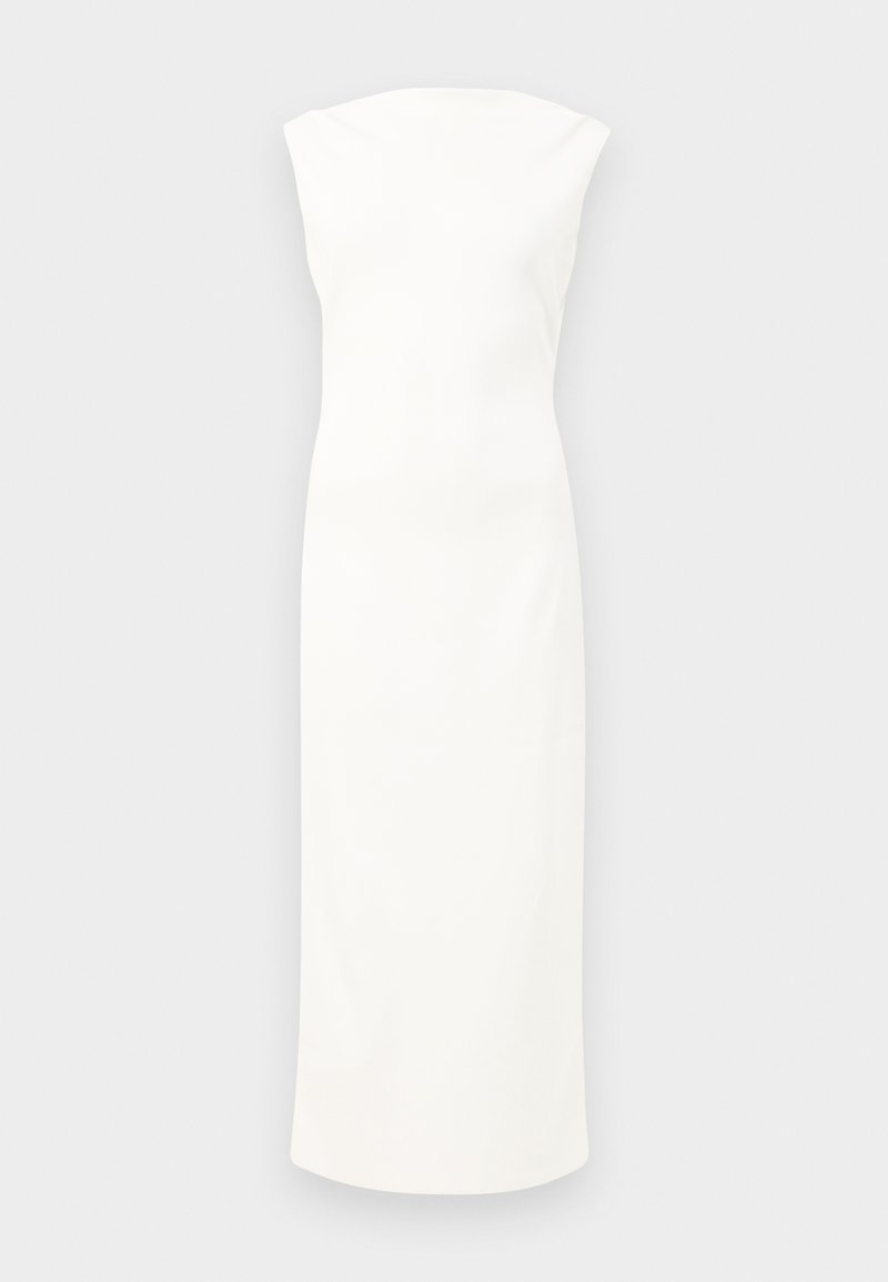 Robe blanche sans manches au design ajusté, longueur genou, tissu lisse et col montant subtil. Style minimaliste et sans ornement.