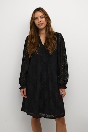 Black lace dress with long sleeves, v-neck, floral pattern, and ruffled cuffs. Features sheer texture and a loose A-line silhouette.