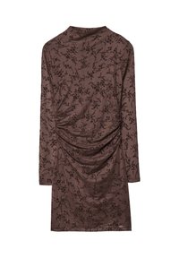 Brązowa sukienka z długim rękawem w kwiatowy wzór, z marszczonym teksturowaniem na plecach i wysokim kołnierzem. Miękka, elastyczna tkanina.