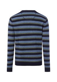 Gestreifter Pullover in Blau-, Marine- und Grüntönen, mit Rundhalsausschnitt und langen Ärmeln. Weiche Textur, gerippte Bündchen und Saum.