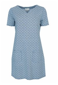 Blau gemustertes Kleid mit kurzen Ärmeln, V-Ausschnitt, geometrischem Design, zwei seitlichen Taschen, leichtem Stoff und entspannter Passform.