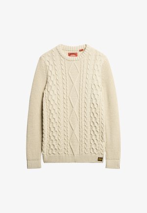 Pull en tricot couleur crème avec un motif de cable texturé et des poignets côtelés. Comprend une petite étiquette de logo sur le bas.