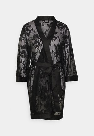 Black lace robe with a satin waistband, featuring a floral pattern, three-quarter sleeves, and a shawl collar. Semi-sheer fabric.