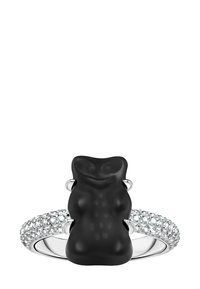 Schwarzer Gummibärchen-Mittelpunkt, Silberband mit funkelnden Akzenten, strukturiertes Design. Verspielter und einzigartiger Stil mit glänzender Oberfläche.