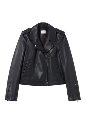 Veste de moto en cuir navy avec un col à revers, fermeture éclair à l'avant, poches plates et accents en métal argenté. Texture lisse et design ajusté.
