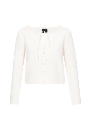 Cárdigan corto blanco, hecho de una tela suave, que cuenta con mangas largas, un cuello redondo, cierre frontal con botones y un detalle de lazo en el cuello.