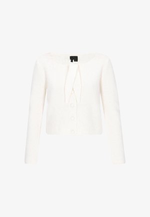 Hvid, cropped cardigan lavet af blødt stof, med lange ærmer, rund halsudskæring, frontknaplukning og en bindedetail ved halsen.