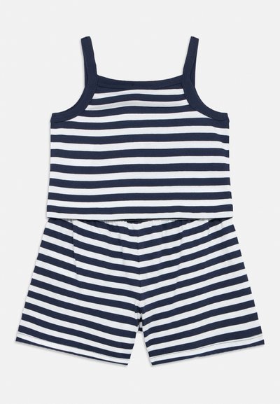 Σετ ριγέ πιτζάμες σε ναυτικό μπλε και λευκό. Περιλαμβάνει αμάνικη μπλούζα και σορτς με ελαστική μέση, και τα δύο κατασκευασμένα από απαλό, διαπνέον ύφασμα.