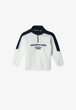 Felpa bianca con accenti blu navy, colletto a mezzo zip e testo ricamato. Presenta polsini e orlo a coste, adatta per attività all'aperto.
