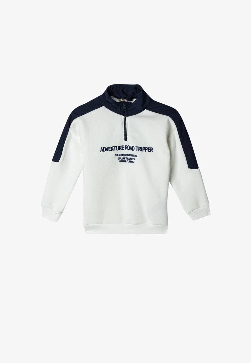 Felpa bianca con accenti blu navy, colletto a mezzo zip e testo ricamato. Presenta polsini e orlo a coste, adatta per attività all'aperto.