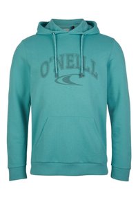 Sudadera con capucha turquesa, con bolsillo frontal, cordones y texto del logo "O'NEILL" con un gráfico de ola en el pecho.