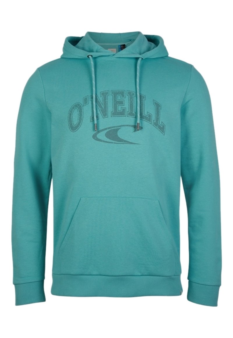 Sudadera con capucha turquesa, con bolsillo frontal, cordones y texto del logo "O'NEILL" con un gráfico de ola en el pecho.