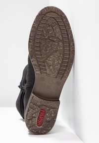 Suela desgastada de una bota negra que muestra un dibujo texturizado, talla 37, y el logo rojo "rieker" en la sección del talón.