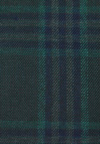 Tkanina tkana z ciemnoszarym tłem, z subtelnym wzorem w kratę w głębokim niebieskim kolorze i akcentami w odcieniu teal, o teksturowanym wykończeniu.