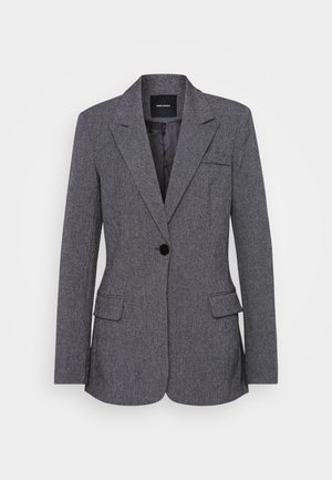 Siv blazer iz teksturiranega blaga, z ovratnikom z zarezo, enim gumbom za zapiranje, dvema sprednjima žepoma in žepom na prsih.