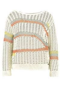 Pull en crochet avec un motif en filet ouvert couleur crème, orné de rayures orange, gris et jaune. Encolure large et manches longues. Finition texturée.