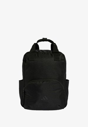 Black backpack made of durable fabric, featuring two top handles, a front zip pocket, and side mesh pockets. Includes a logo on the front.