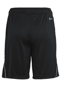 Schwarze Sportshorts aus leichtem Stoff. Mit elastischem Bund, Seitentaschen und weißen Akzentstreifen an den Seiten.