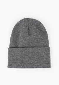 Gray knit beanie hat with a folded cuff. Soft texture, rounded top, and no visible patterns or embellishments. Simple design and warm.