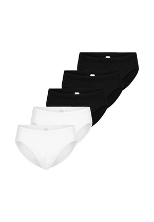 Cinq paires de sous-vêtements en coton uni, trois noirs et deux blancs, disposées en rangées superposées sur un fond blanc.