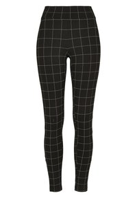 Svart tights med en tettsittende design, med et hvitt rutenettmønster, elastisk midje og glatt, stretchy tekstur.