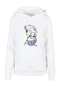 Felpa bianca con cappuccio caratterizzata da un'illustrazione di profilo di un personaggio con una treccia, arricchita da dettagli blu su uno sfondo luccicante.