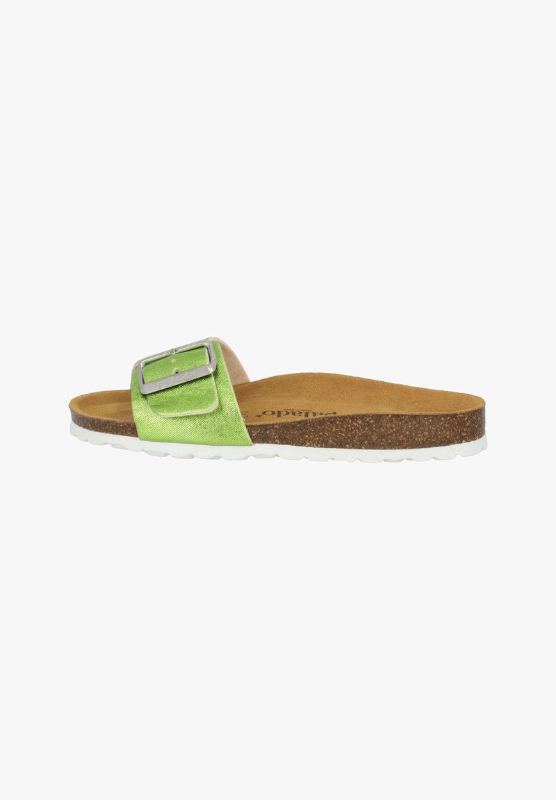 Grön rutschkana sandal med ett brett rem som har en silver spänne. Korksål med vit mönstring och mjuk, strukturerad innersula.