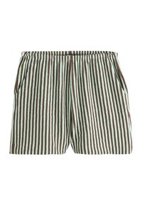 Gestreifte Shorts mit einem hellen mintgrünen und braunen Muster, elastischem Taillenbund und seitlichen Taschen. Texturiertes Material verleiht Tiefe.