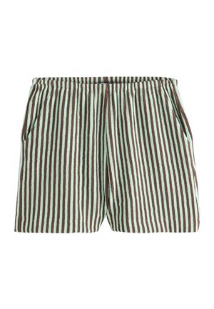 Gestreifte Shorts mit einem hellen mintgrünen und braunen Muster, elastischem Taillenbund und seitlichen Taschen. Texturiertes Material verleiht Tiefe.