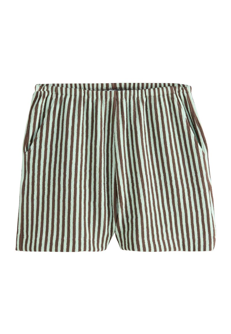 Gestreifte Shorts mit einem hellen mintgrünen und braunen Muster, elastischem Taillenbund und seitlichen Taschen. Texturiertes Material verleiht Tiefe.