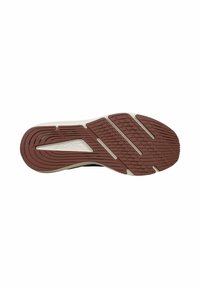 Suela de una zapatilla de correr con un diseño curvado, superficie texturizada y patrones de tracción distintos en colores marrón y crema.