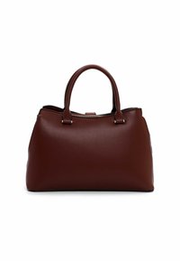 Borsa a mano in finta pelle color bordeaux con due manici arrotondati, una chiusura con zip e sottili dettagli in oro. Design liscio e strutturato.