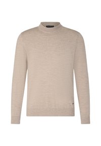 Helle beige langärmlige Pullover mit hohem Kragen, aus weichem Strickmaterial. Mit gerippten Bündchen und Saum, minimalistischem Design, ohne sichtbare Muster.
