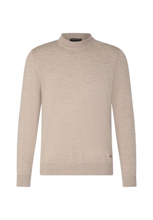 Pull long beige clair à manches longues avec un col montant, fabriqué en matière tricotée douce. Présente des poignets et un ourlet côtelés, un design minimaliste, sans motifs visibles.