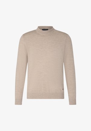 Lichtbeige lange mouwen trui met een hoge nek, gemaakt van zacht gebreid materiaal. Heeft ribben om de mouwen en onderkant, minimalistisch ontwerp zonder zichtbare patronen.