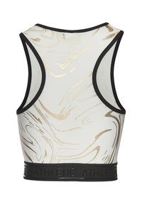 Marbled white and gold athletic crop top with black trim and band. Features a racerback design and a continuous black logo band at the hem.