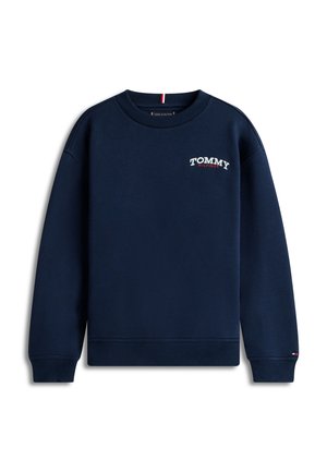 Felpa blu navy in morbido misto cotone, con collo a costine e polsini a costine, con logo "TOMMY HILFIGER" ricamato sul petto a sinistra.