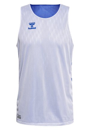 Hvid atletisk tanktop lavet af netstof, med blå detaljer og logo. Ærmeløs design med rund halsudskæring og åndbart materiale.